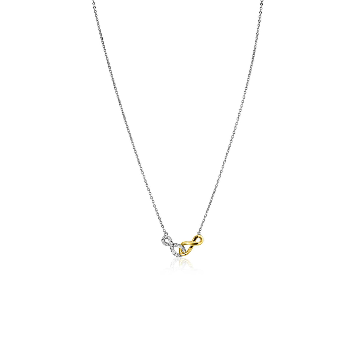Zilveren ketting met een gouden infinity-symbool, verstelbaar van 42 tot 45 cm.