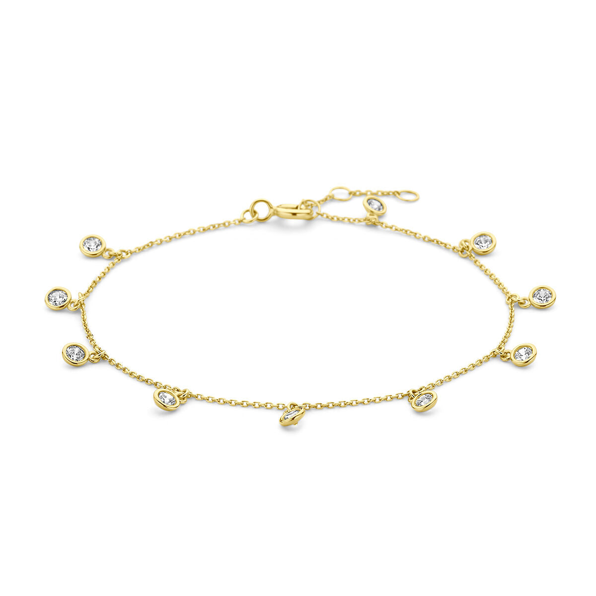 Bracelet en or 14K avec des zircons, décorée de pendentifs en forme de goutte.
