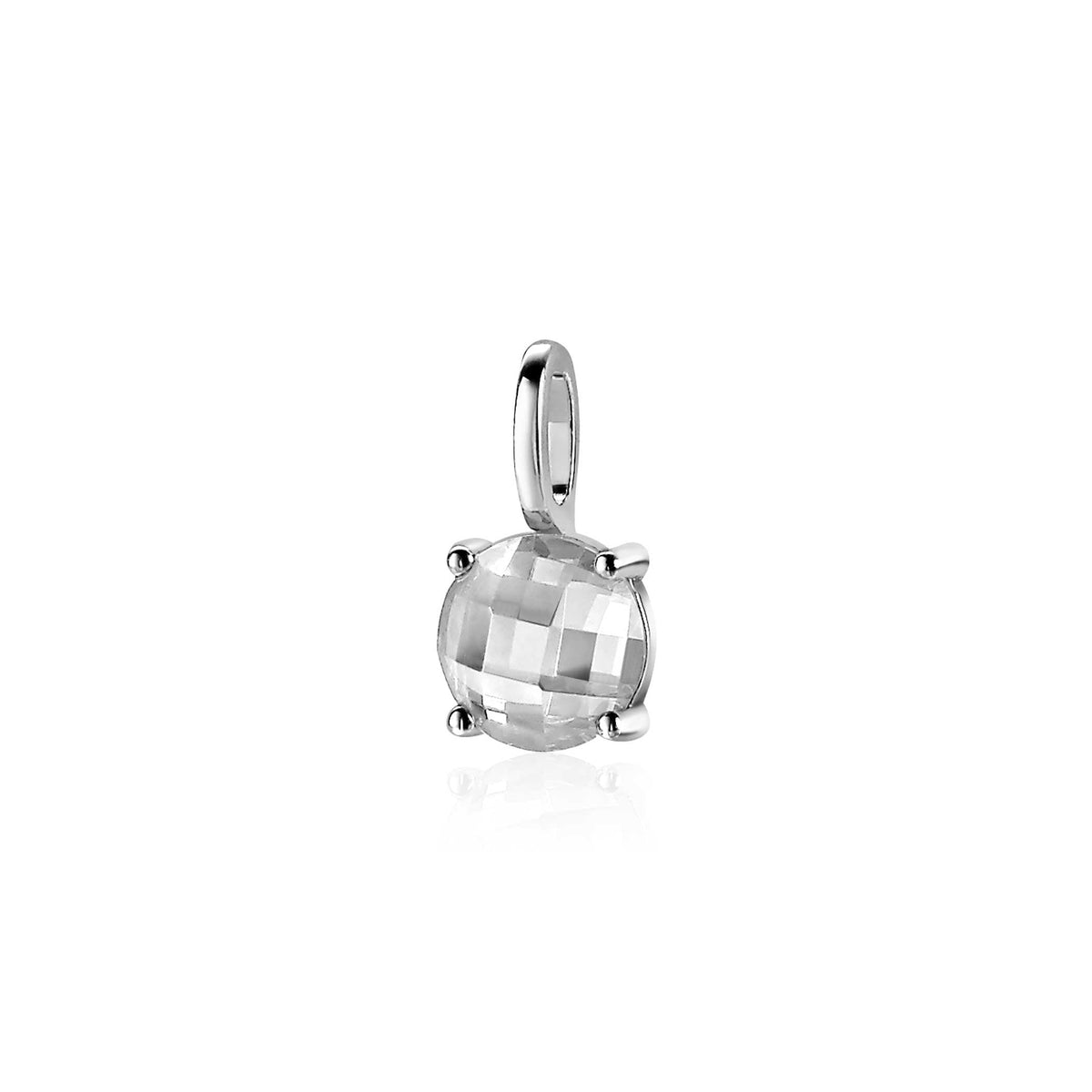 Pendentif en argent avec une pierre facettée transparente, forme ronde et finition brillante.