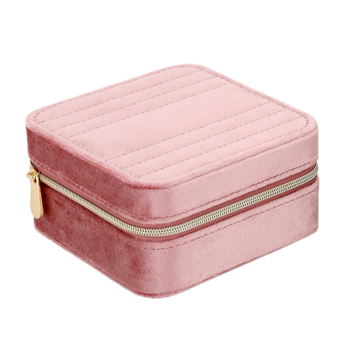 Boîte à bijoux rose en velours avec fermeture éclair et design matelassé.