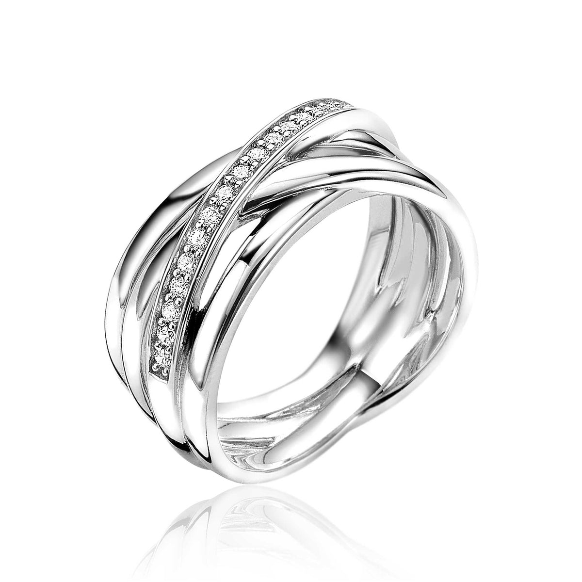 Bague en argent avec des bandes entrelacées et des zircons brillants.