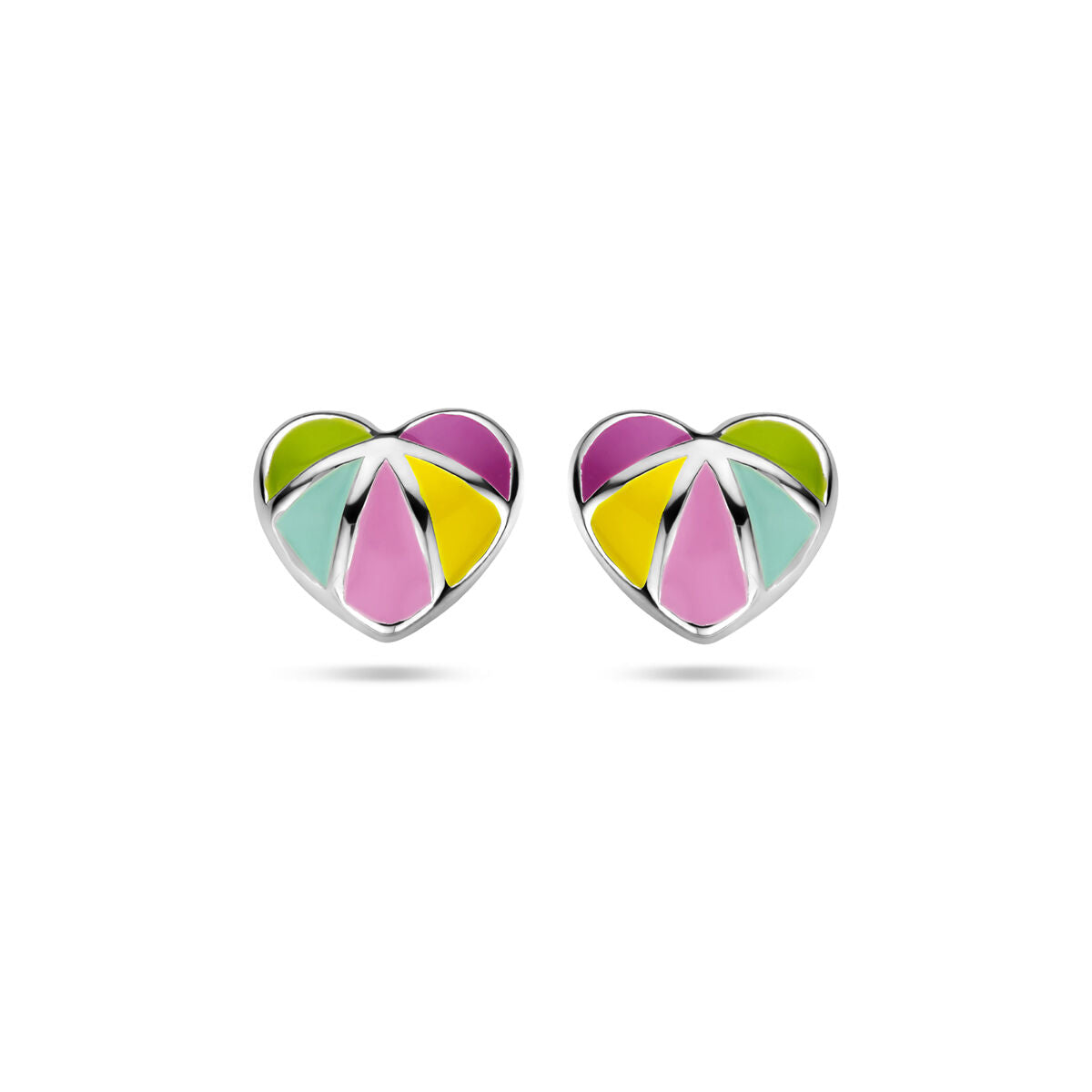 Boucles d'oreilles en forme de cœur en argent rhodié avec des détails colorés en rose, vert et jaune.