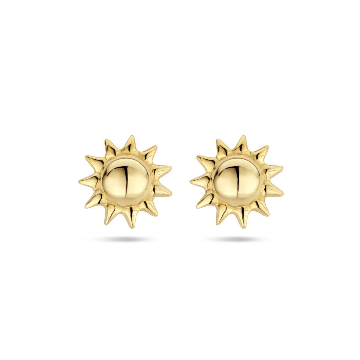 Boucles d'oreilles en or jaune 14K en forme de soleil avec des rayons.