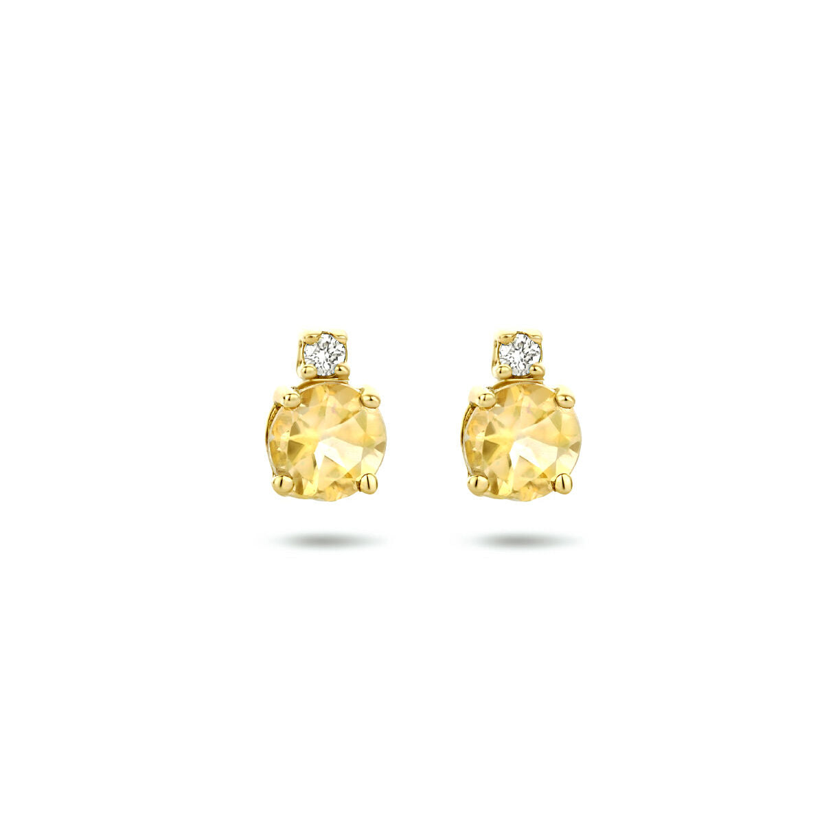 Boucles d'oreilles en or jaune 14K avec citrines rondes et diamants (2x 0,015 ct) en haut.