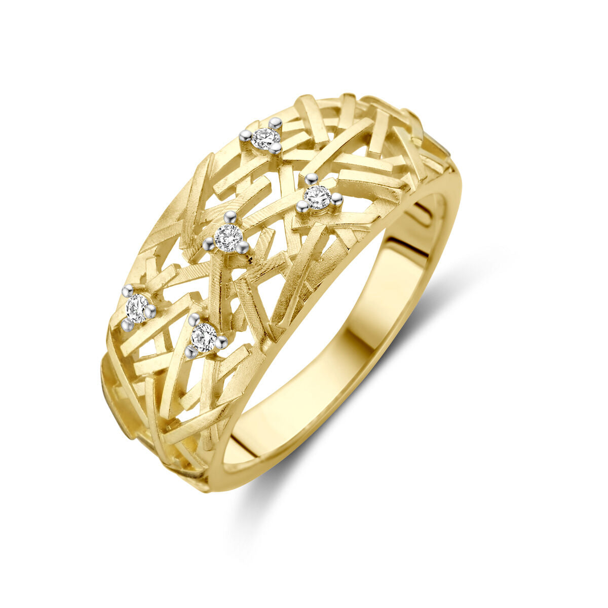 Bague en or jaune 14K avec un design tissé et cinq diamants de 0,06 ct.