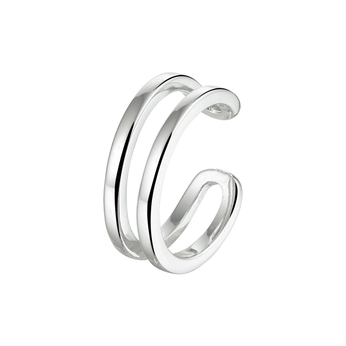 Boucle d'oreille en argent rhodié avec deux anneaux entrelacés.