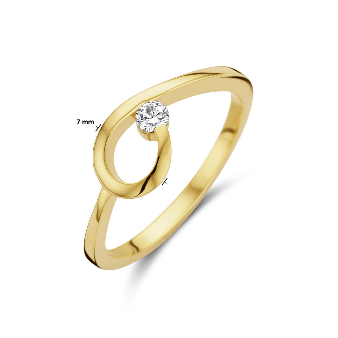 De Van der Kooij Collectie ring zirkonia 14K geelgoud heeft een gepolijst open wervelontwerp met een ronde zirkonia 7 mm boven de band, uitgevoerd in geelgoud.