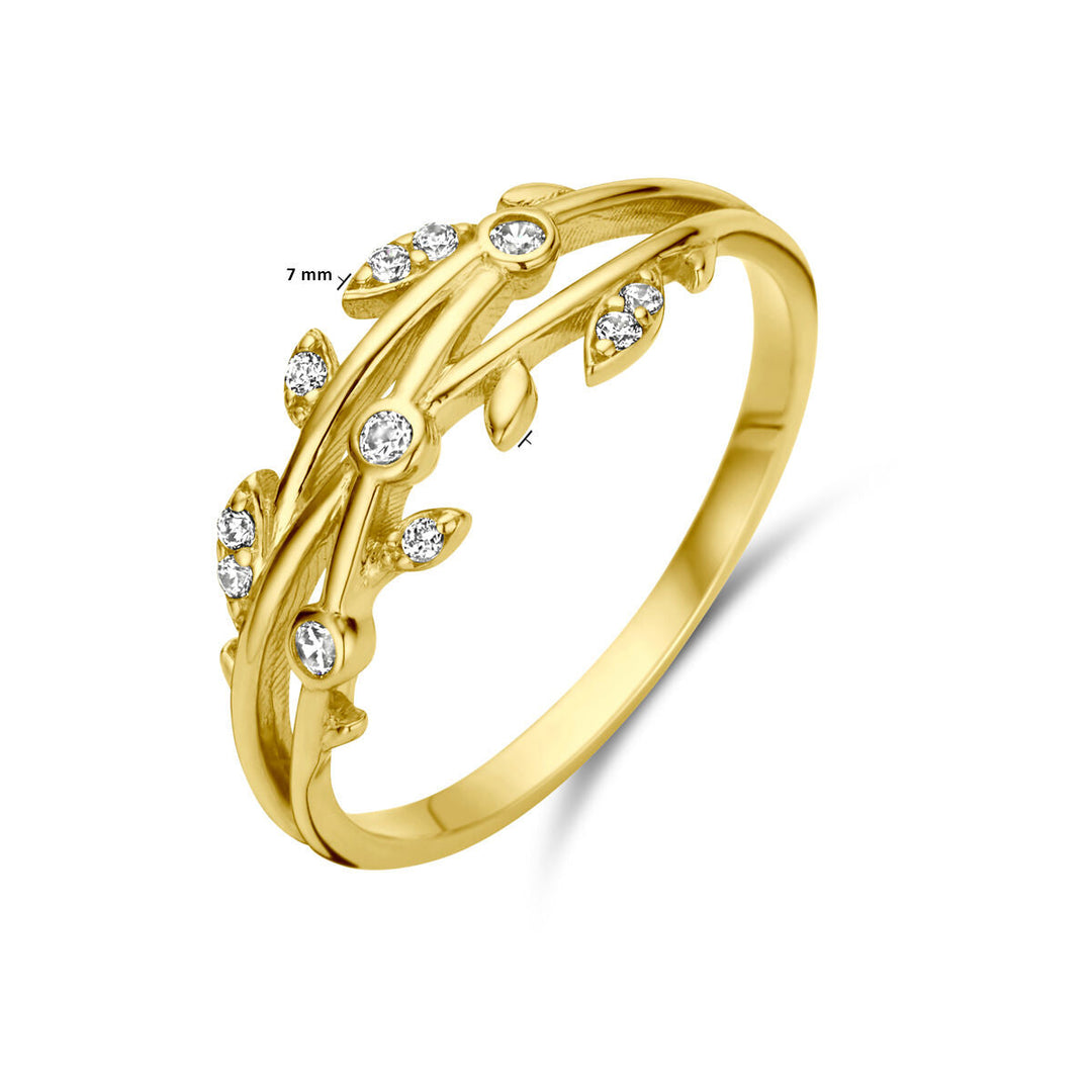 De Van der Kooij Collectie ring zirkonia 14K geelgoud heeft een bladrank ontwerp met zirkonia gezet in de bladeren langs de band. De decoratieve top is 7 mm breed.