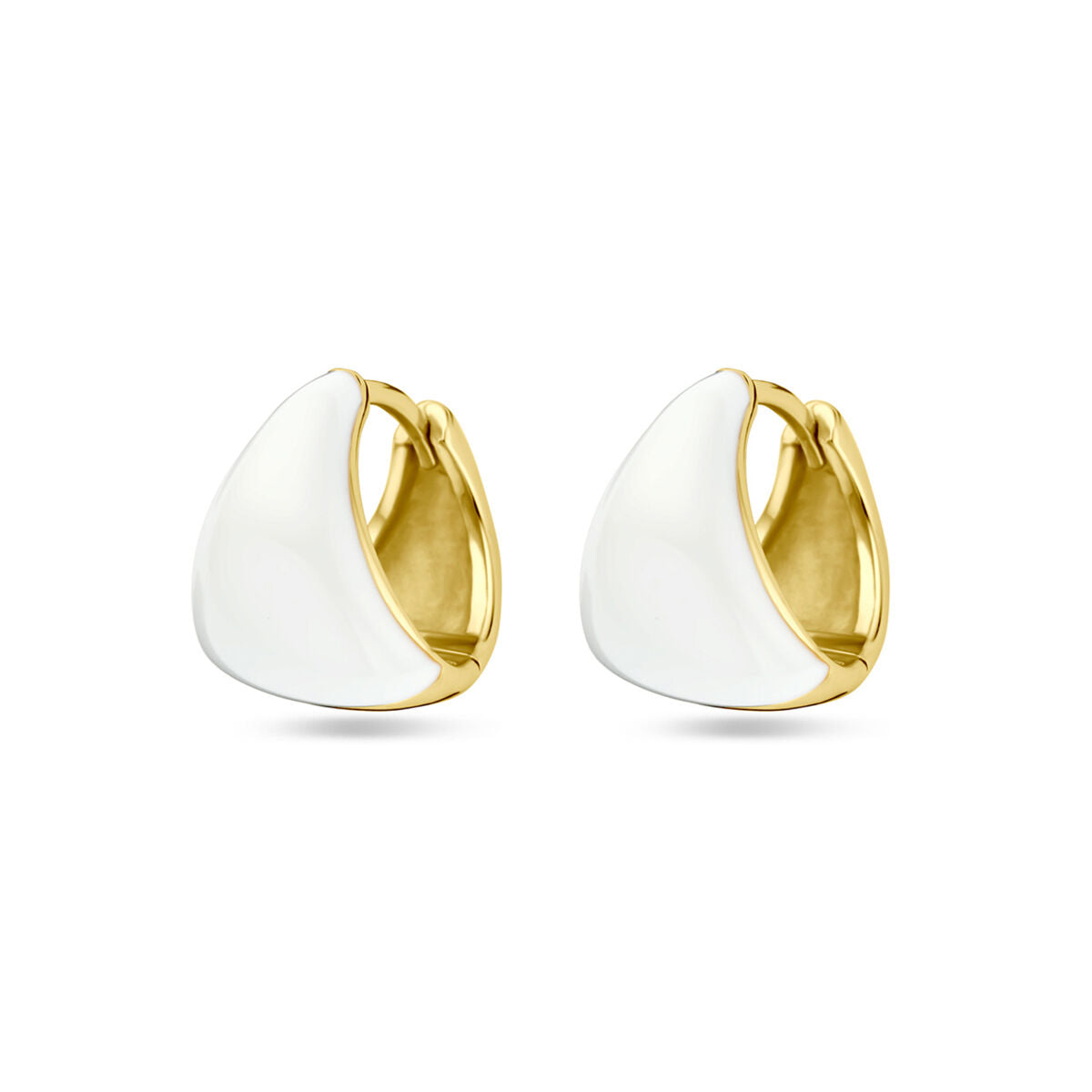 Boucles d'oreilles en argent doré avec émail blanc, forme arrondie de 15 mm.