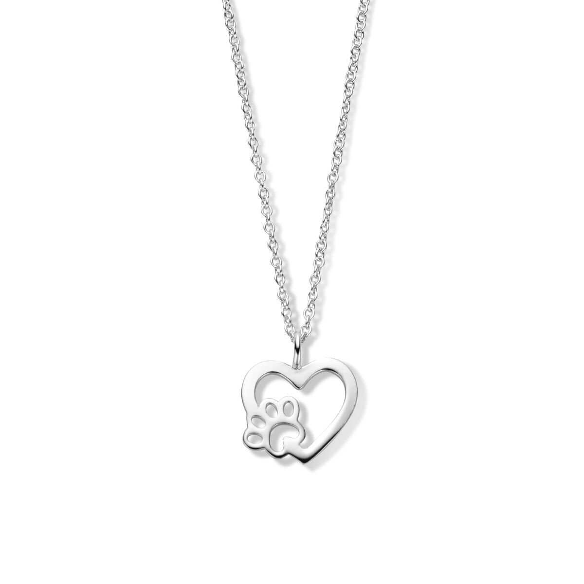 collier en argent rhodié avec pendentif en forme de cœur et empreinte de patte de chien