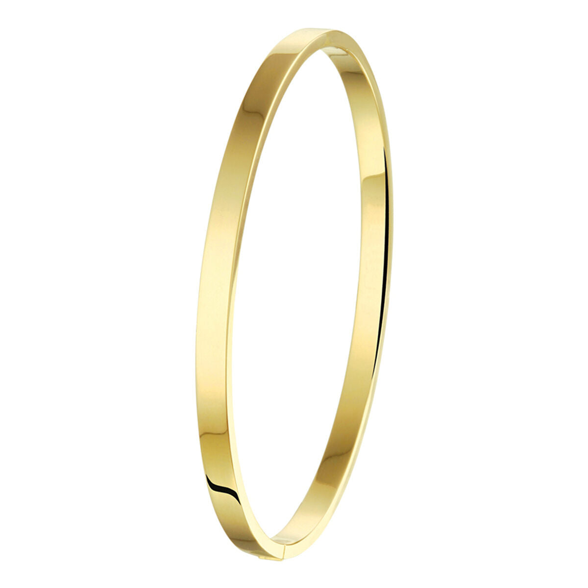 Een strakke, gepolijste 4,0 mm Zilgold (geelgoud met zilveren kern) armband van Van der Kooij Collectie, met een glad, reflecterend oppervlak, gefotografeerd op een effen witte achtergrond.