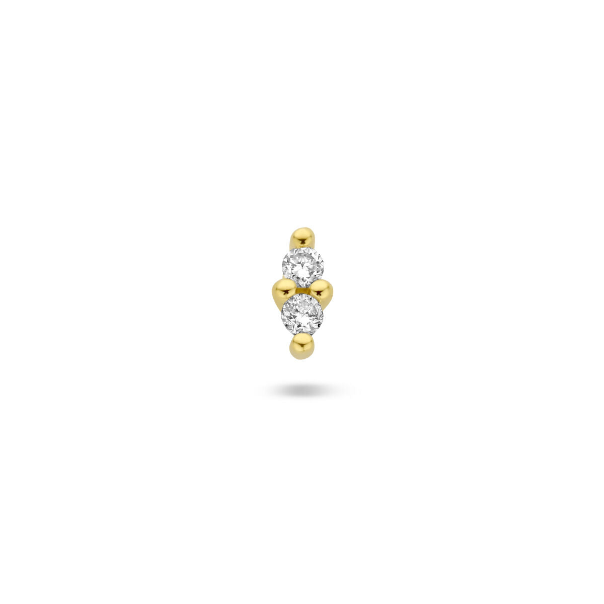 Boucle d'oreille en or jaune 14K avec un diamant de 0,02 ct, ornée de petites billes dorées.