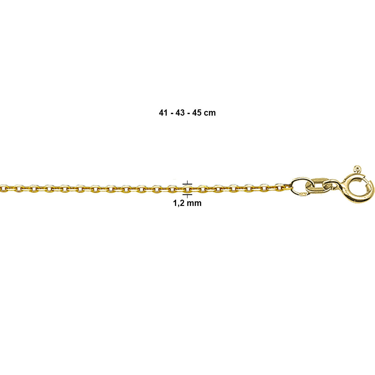 Bracelet en or jaune, maillons plats de 1,2 mm, disponible en longueurs de 41, 43 et 45 cm.