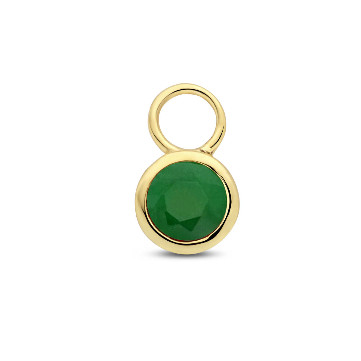 Pendentif en or jaune 14K avec une pierre de naissance verte, forme ronde et facettée.