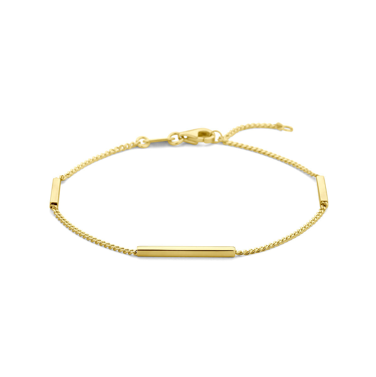 Bracelet en or jaune 14K avec des barres et une chaîne délicate, ajustable de 17 à 19 cm.