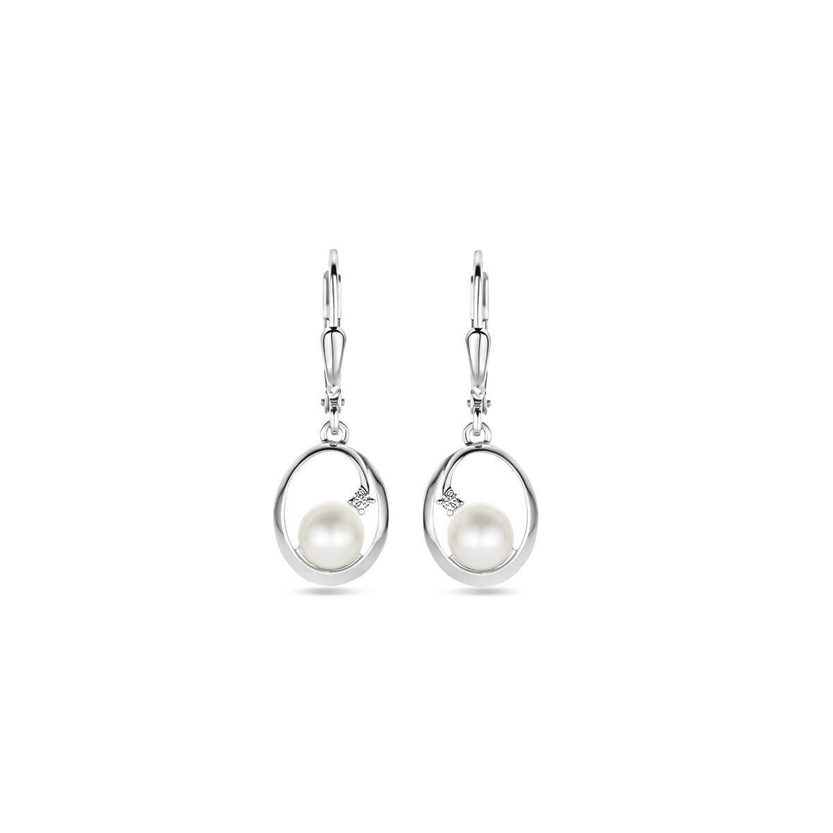 Boucles d'oreilles ovales en argent rhodié avec perle et zirconia, longueur 27 mm.