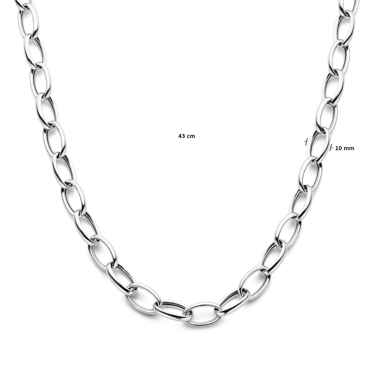Het collier anker 10 mm 43 cm zilver gerhodineerd uit de Van der Kooij Collectie is een stijlvolle ketting met grote ovale schakels, gepresenteerd op een witte achtergrond.
