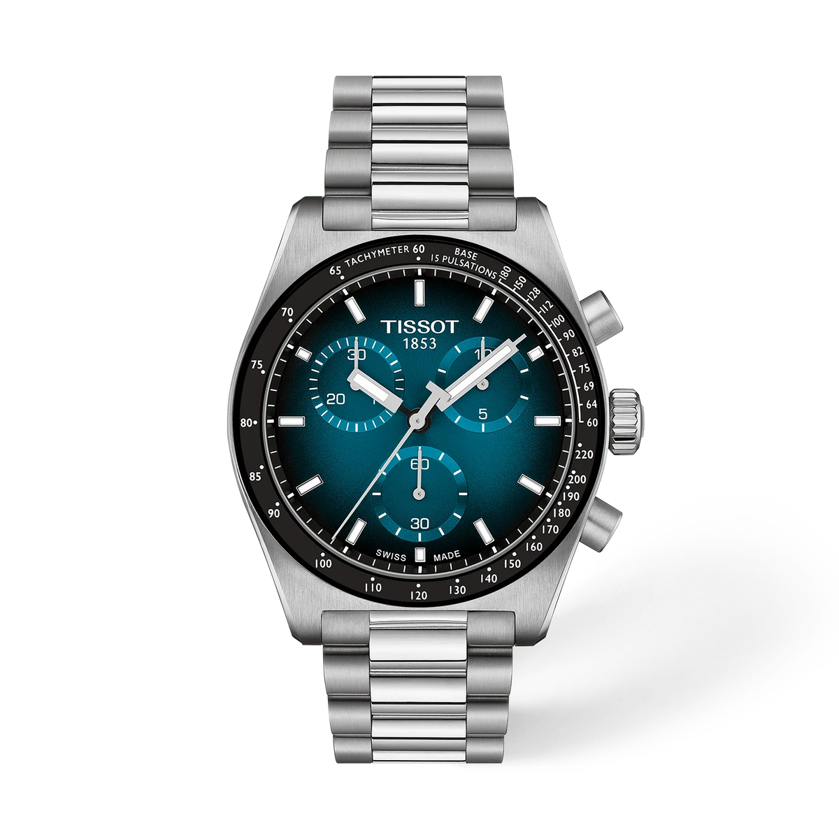 Montre Tissot PR516 avec boîtier en acier inoxydable, cadran bleu et bracelet en acier.