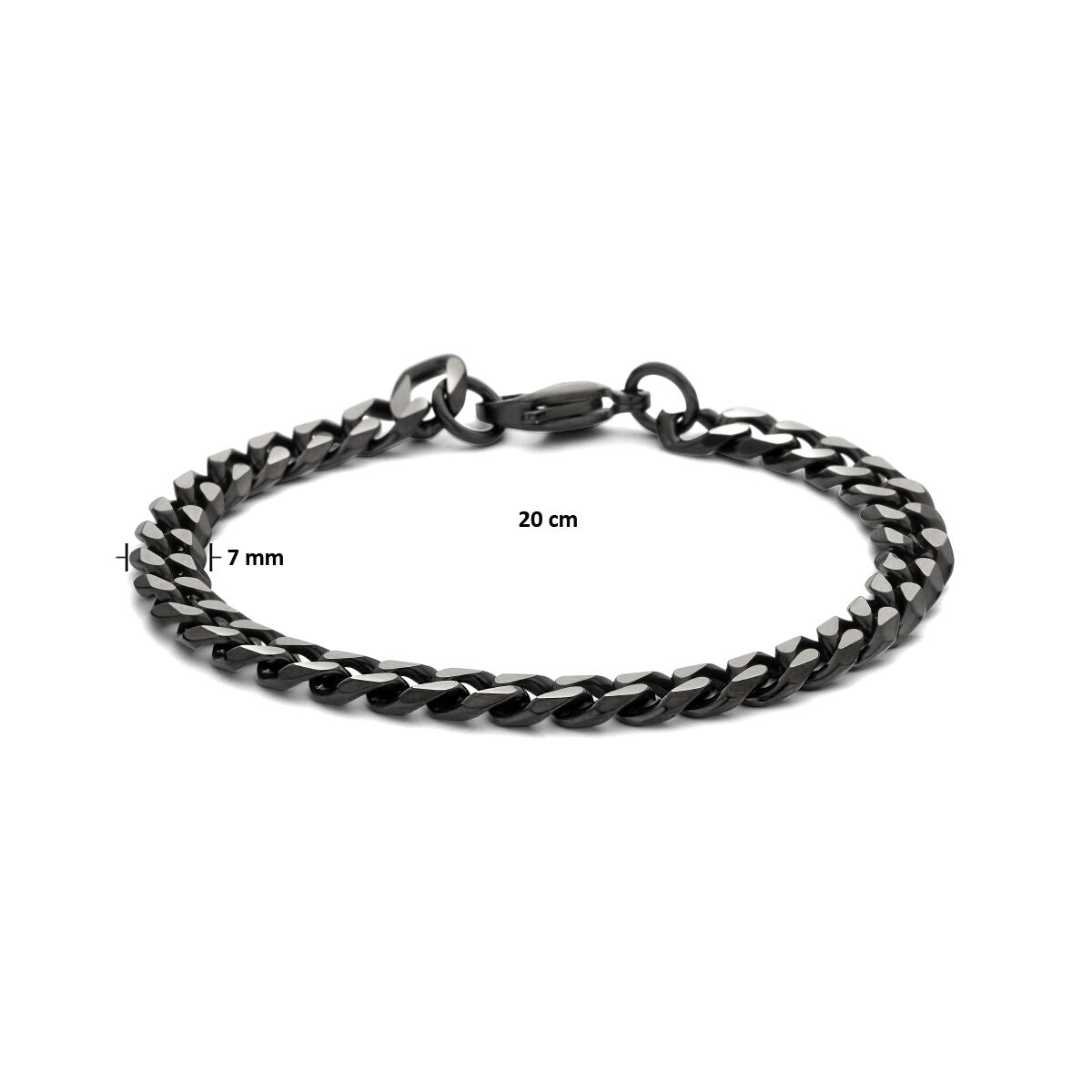 De Van der Kooij Collectie Gourmette 7,0 mm ion plating edelstaal armband in zwart metaal (20 cm x 7 mm), voorzien van een karabijnsluiting, is stijlvol weergegeven op een witte achtergrond - ideaal als armband voor heren.