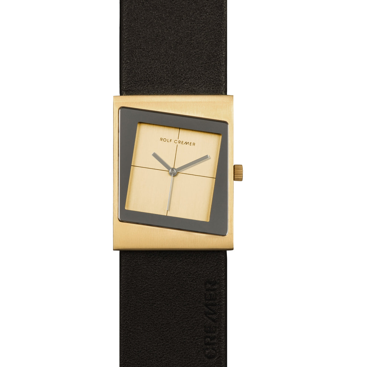 Montre carrée dorée avec un cadran beige et un bracelet en cuir noir.