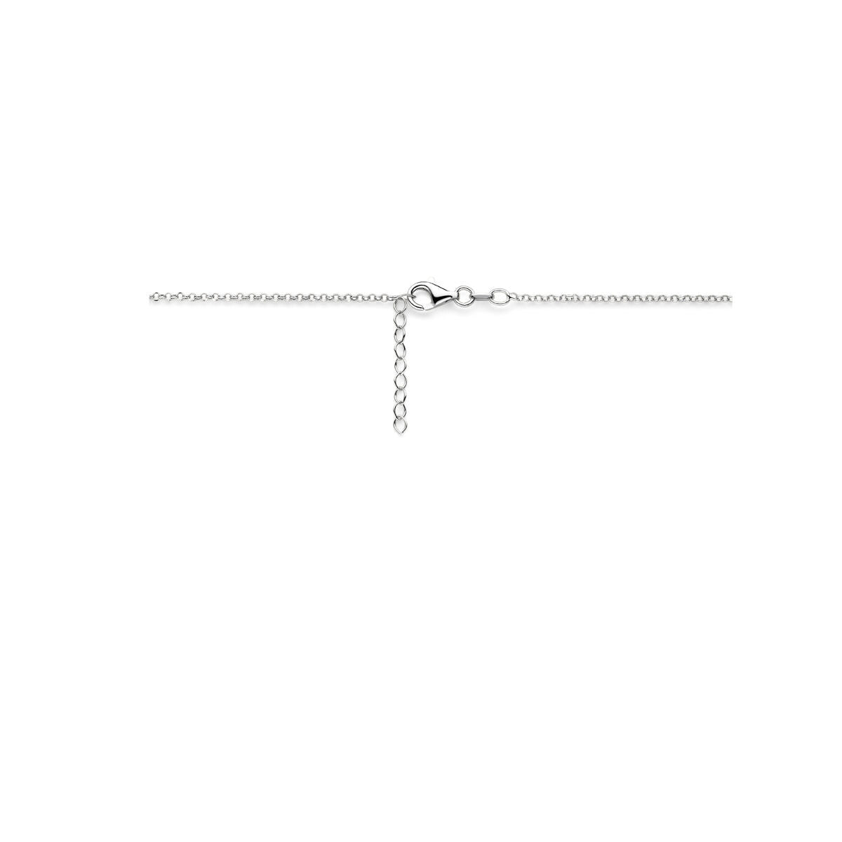 De Van der Kooij Collectie collier veer is een gerhodineerd zilveren collier, 40,5 + 3 cm, met jasseron schakel en verstelbare sluiting, afgebeeld op een effen witte achtergrond.