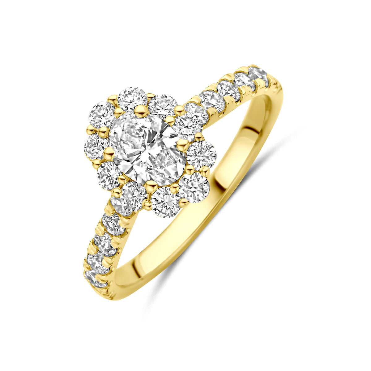 Bague en or jaune 14K avec diamant lab grown de 1,29 ct, sertie de diamants brillants.