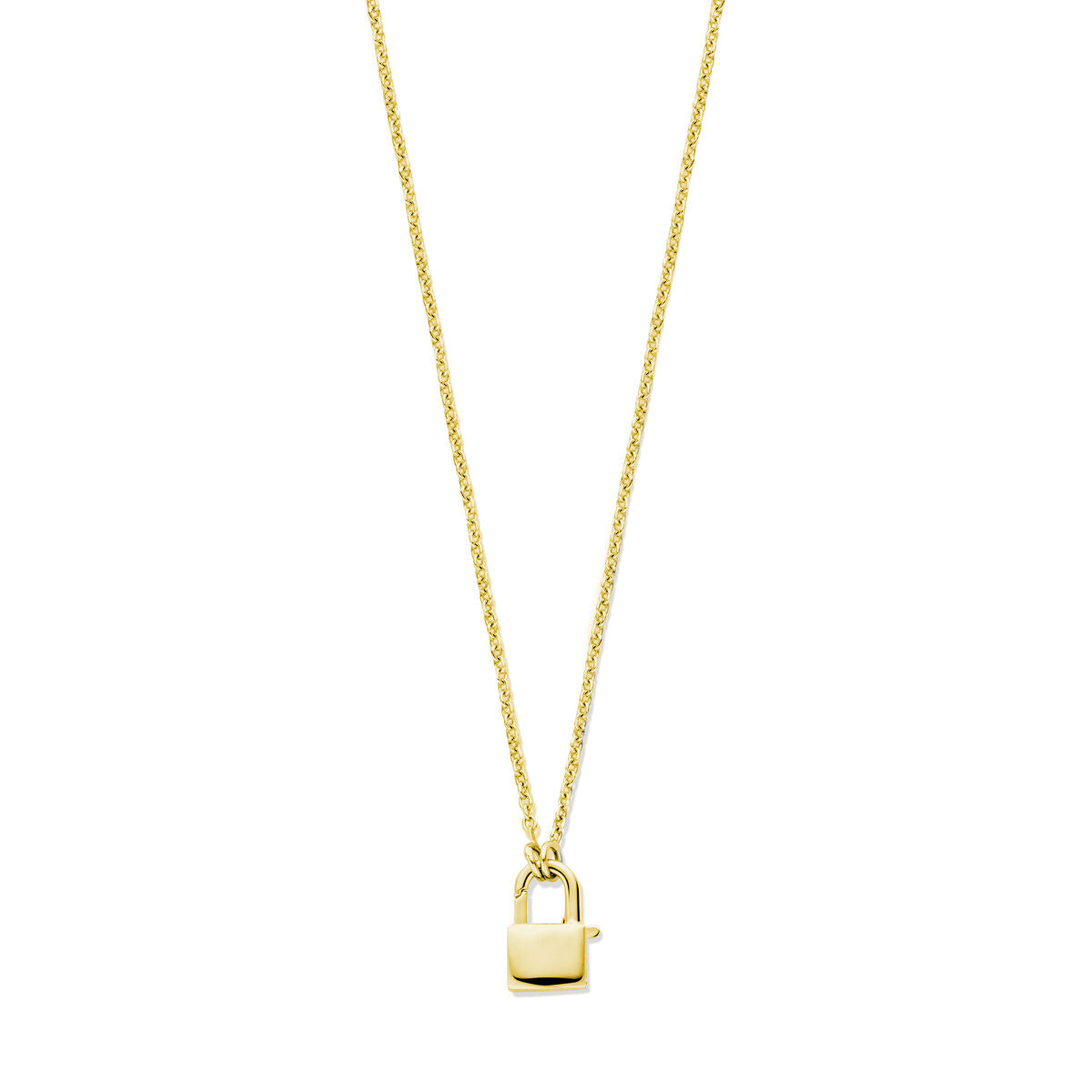 Collier met een 1,5 mm fijne ketting en een slotvormige hanger, verguld in geel, 46 cm lang.