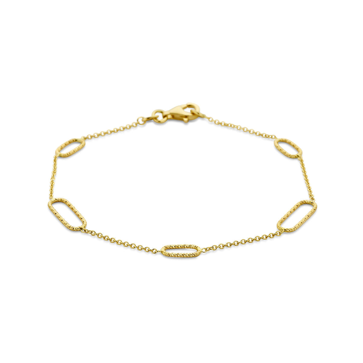 Bracelet en or jaune 14 carats avec maillons ovales et détails en chaîne.