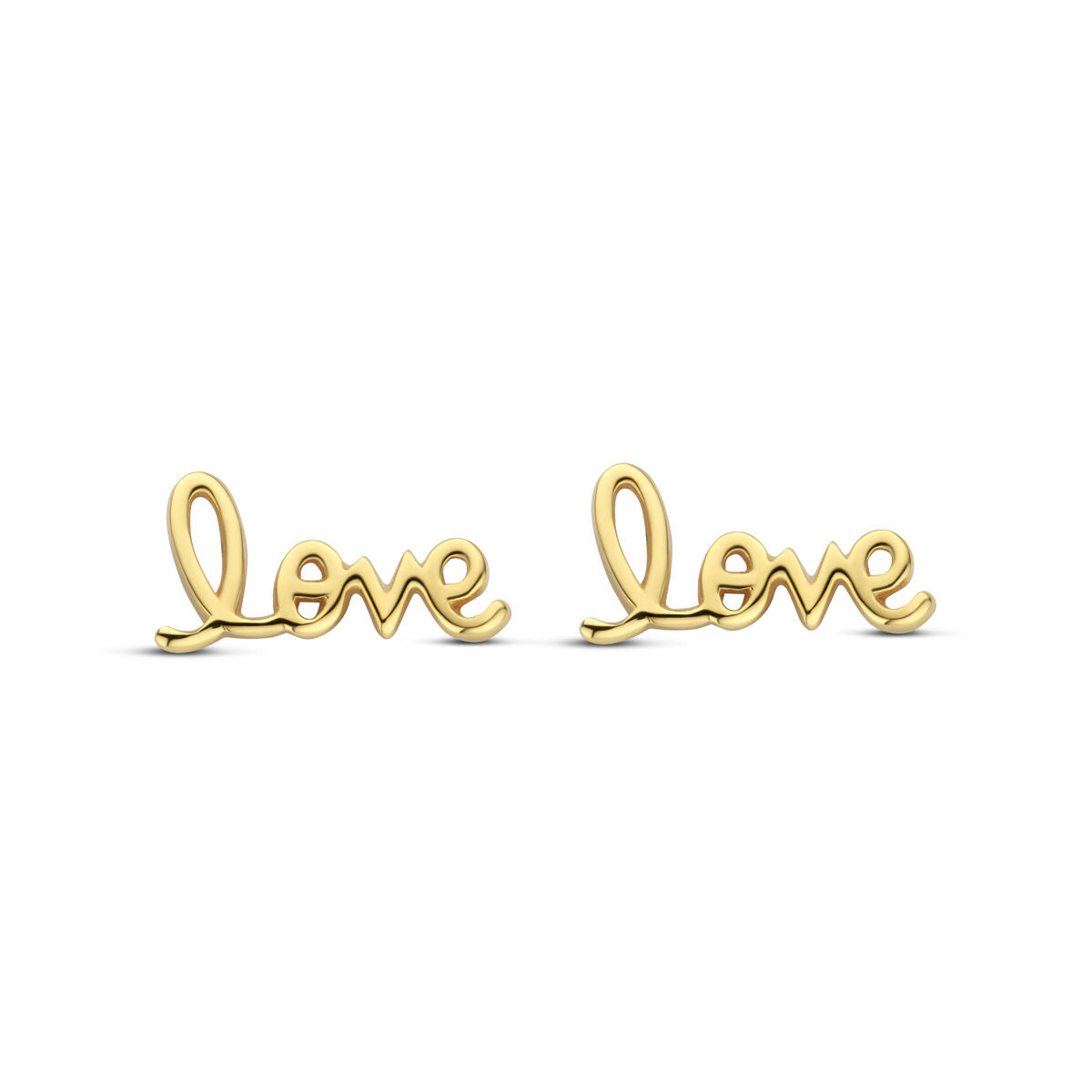 Boucles d'oreilles en argent doré jaune avec le mot "love" en forme cursive de 6 mm.