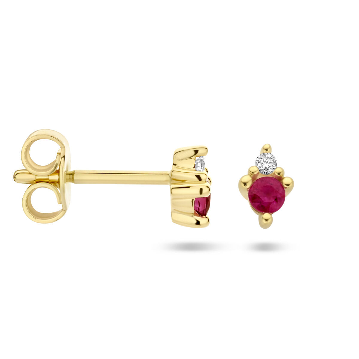 puces d'oreilles rubis et diamant 0.02ct (2x 0.01ct) h p1 or jaune 14K