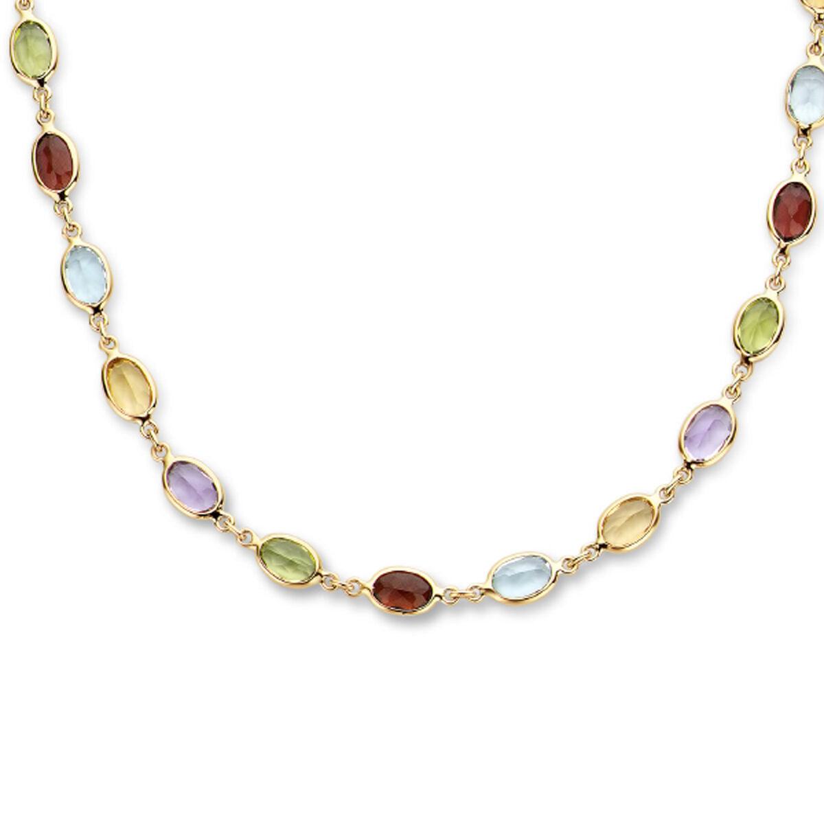 Collier en or 14K avec des pierres naturelles de couleurs variées, forme ovale.