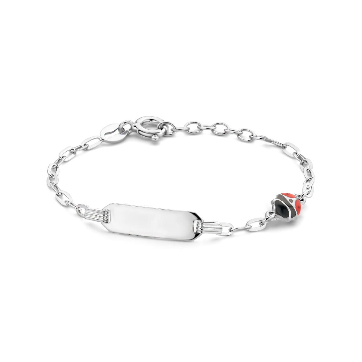 Bracelet en argent rhodié avec un motif de coccinelle et plaque de 5,0 mm.