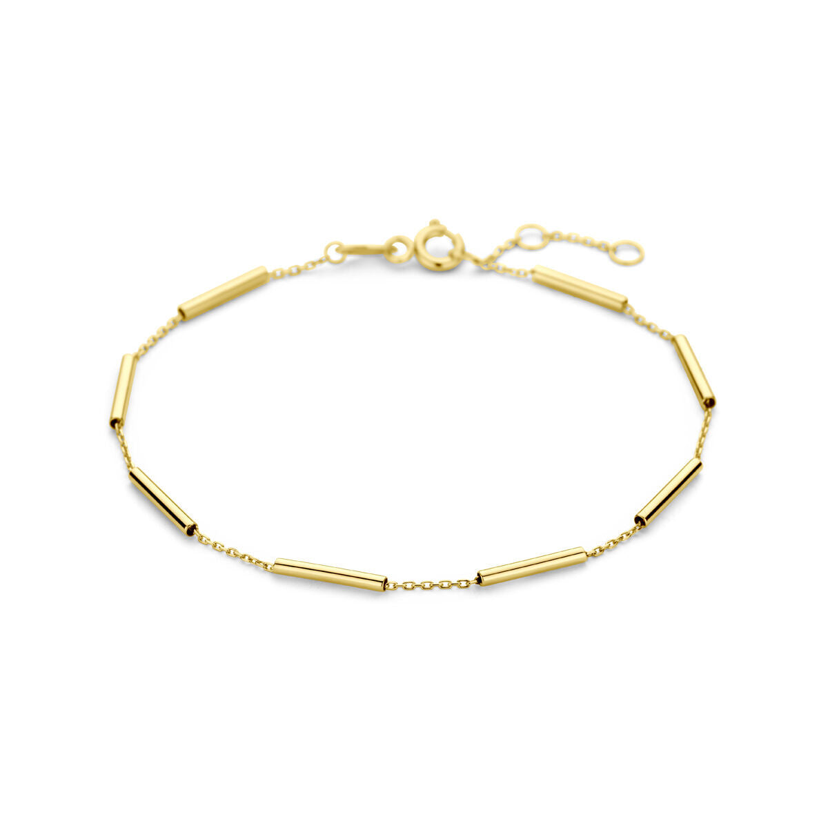 Bracelet en or 14K avec des tubes dorés et une chaîne délicate.
