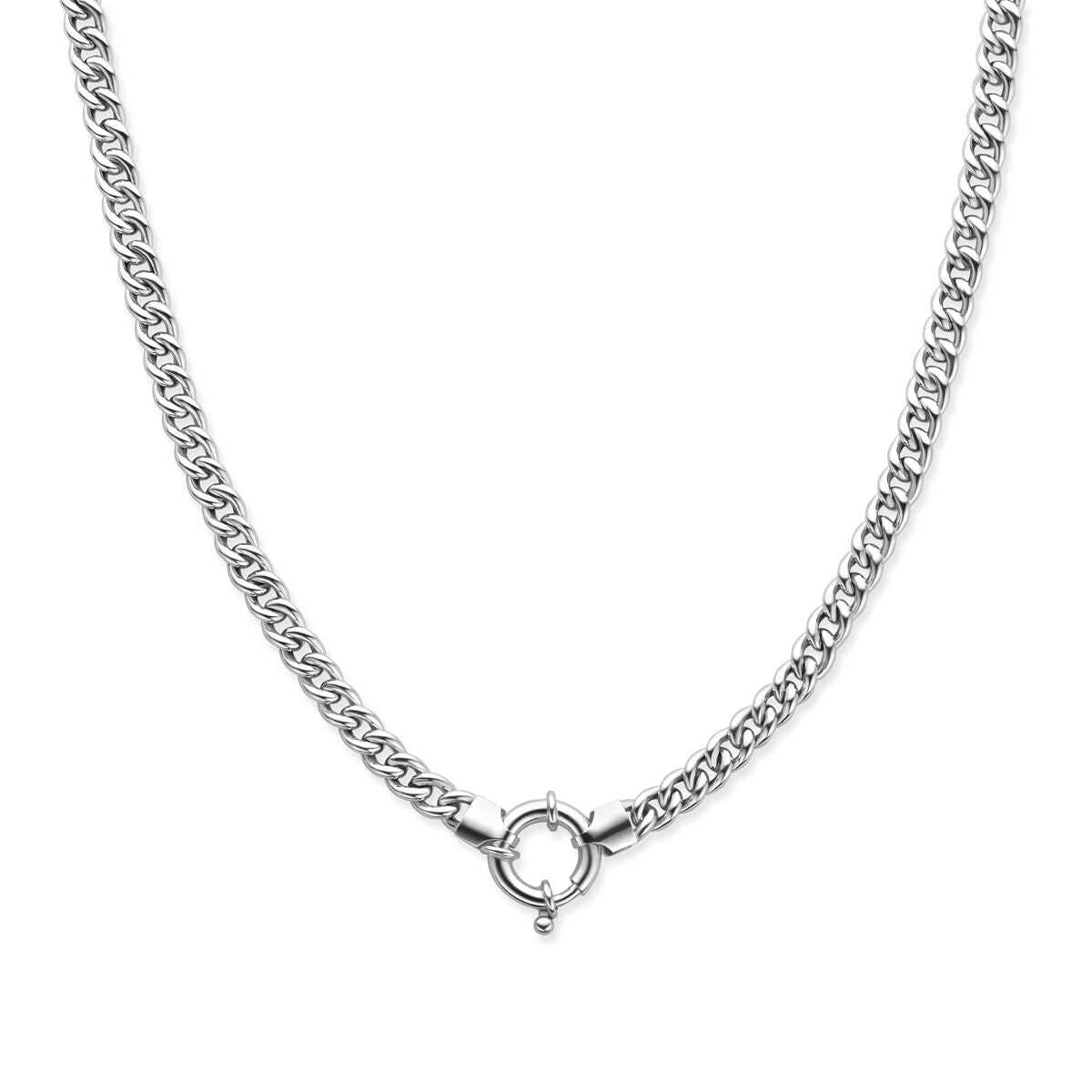 Collier gourmette en argent rhodié de 5,8 mm, longueur de 45 cm, avec un grand fermoir à ressort.