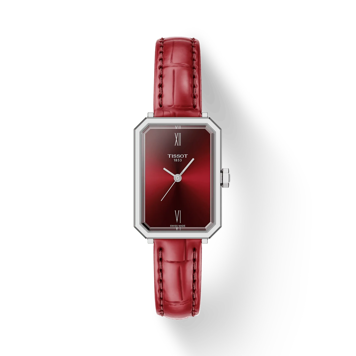 Montre pour femme Tissot de 30 mm avec cadran rouge et bracelet en cuir rouge.