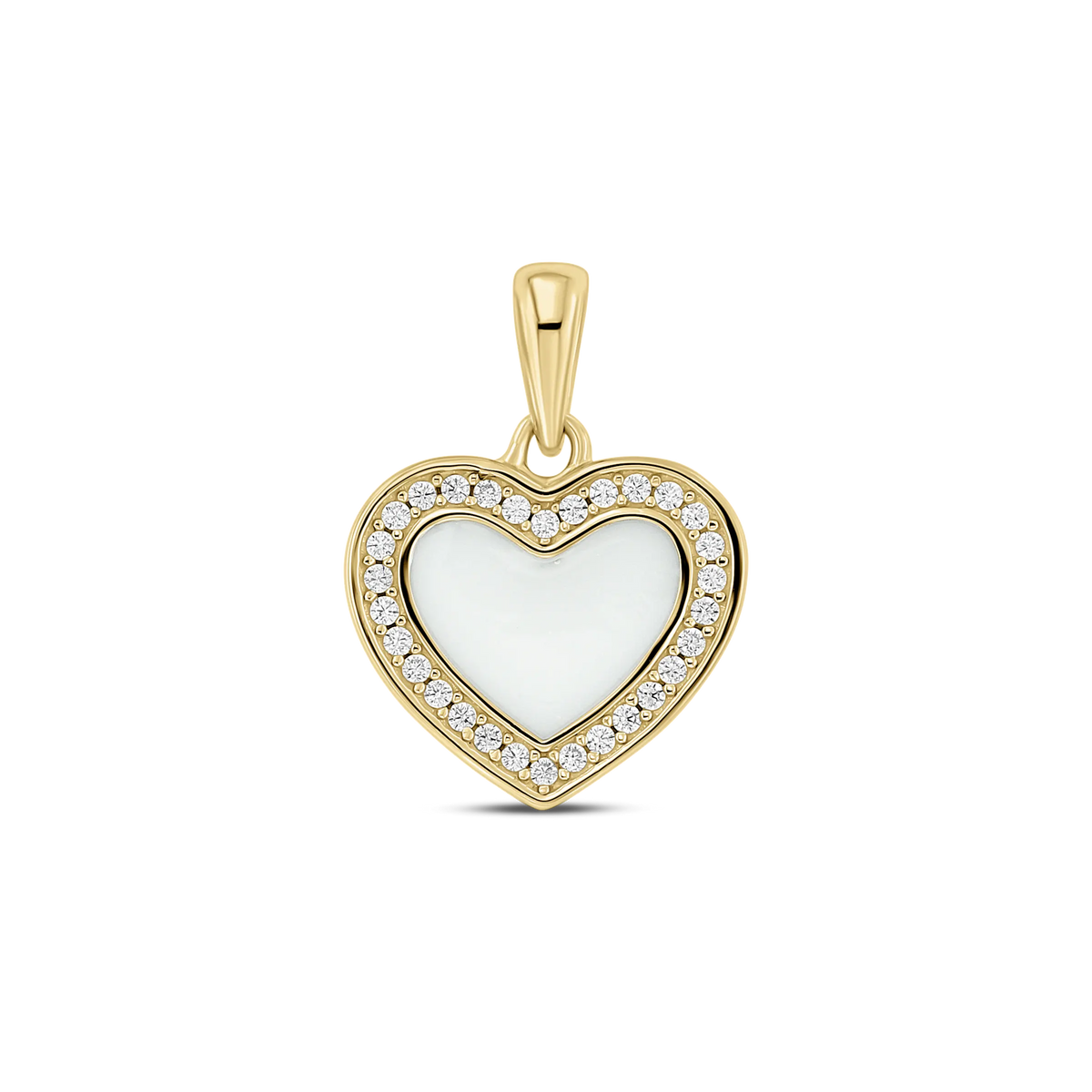 Pendentif en forme de cœur, doré, avec un centre en nacre et des zircons autour.