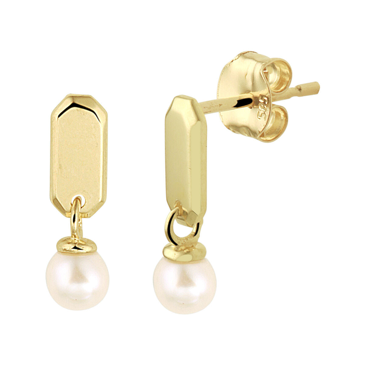 Boucles d'oreilles en or jaune 14K avec perles blanches et pendants octogonaux.