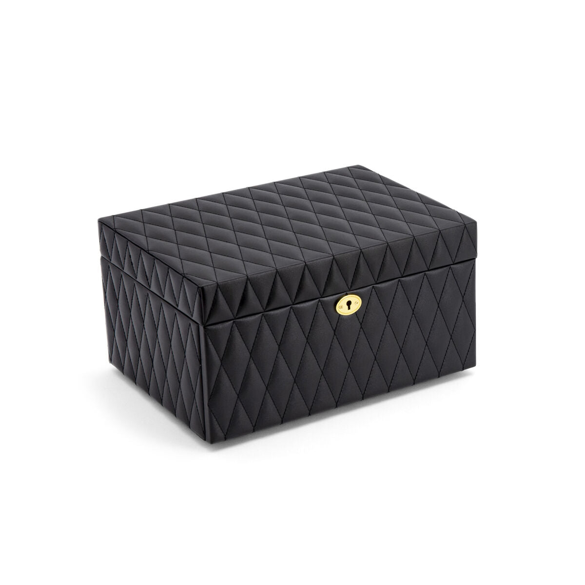Boîte à bijoux noire avec un motif matelassé et un fermoir doré.