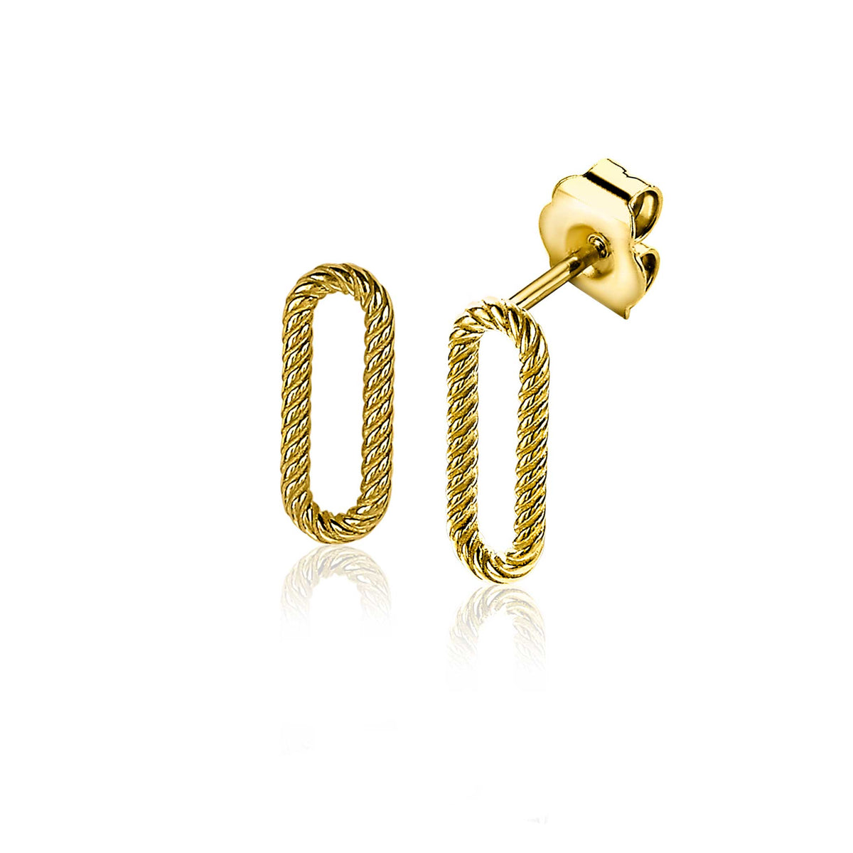 Boucles d'oreilles dorées en forme de rectangle avec un motif torsadé.
