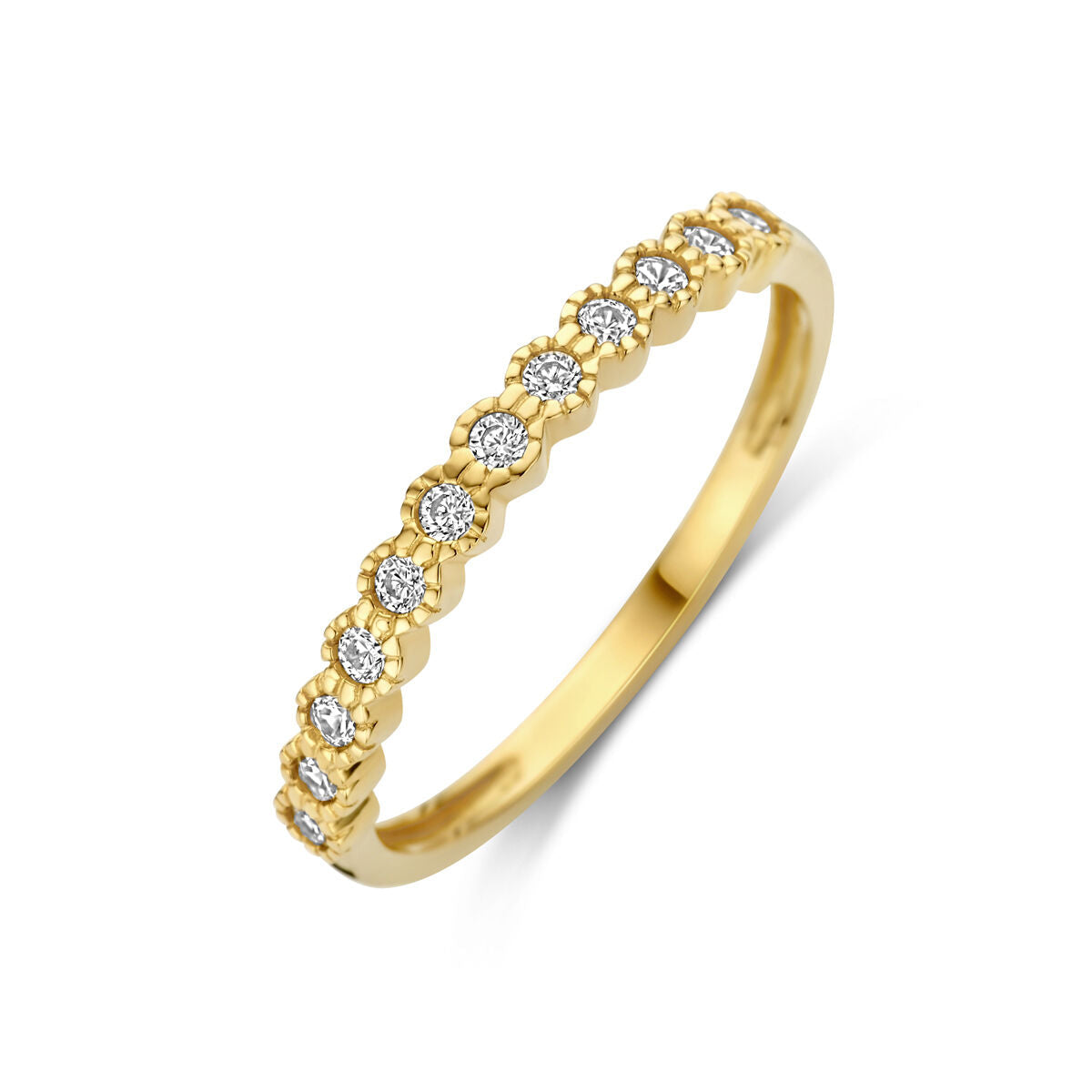 Bague en or jaune 14K ornée de zircons, avec un design délicat et des motifs floraux.