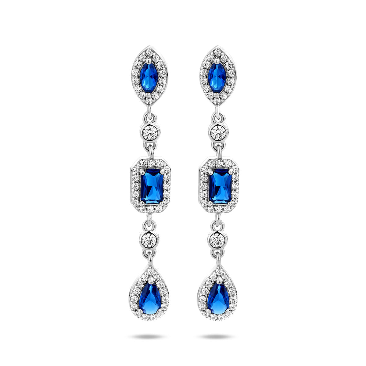 Boucles d'oreilles en argent rhodié avec saphirs bleus et zirconiums blancs, en forme de goutte.