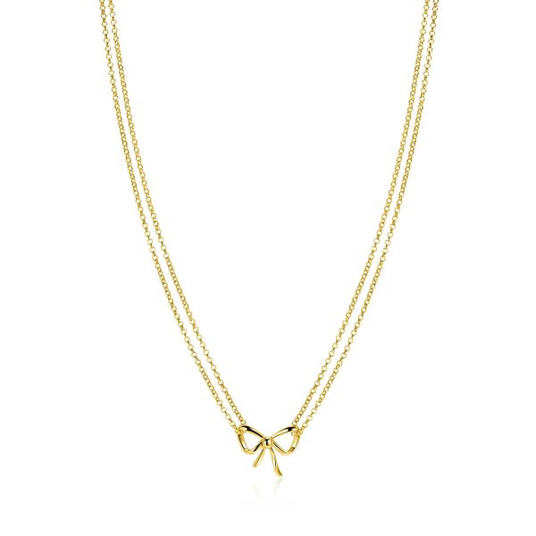 Collier doré à deux chaînes avec un nœud délicat au centre.
