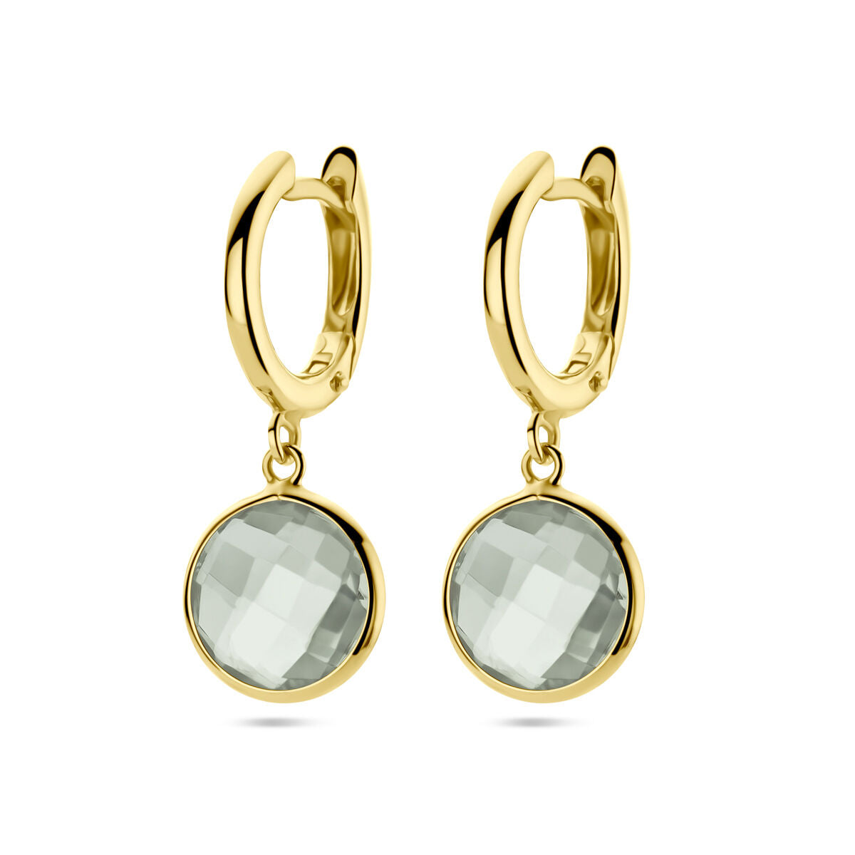 Boucles d'oreilles en or jaune 14K avec pendentifs en améthyste verte facettée.