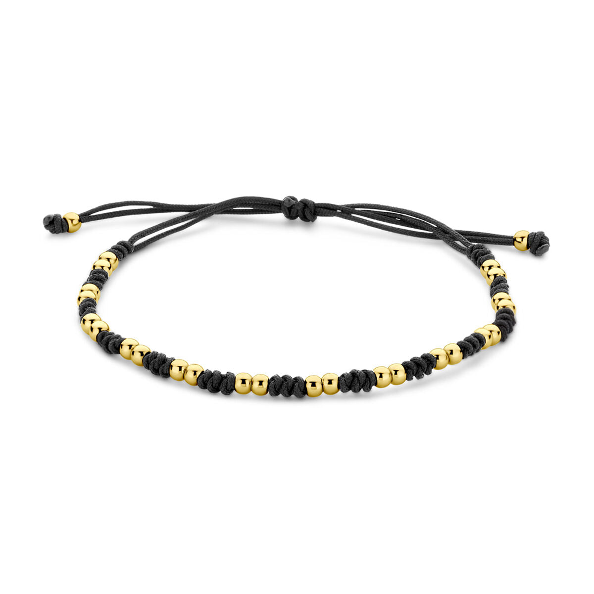 Bracelet en or 14K avec perles dorées et éléments en caoutchouc noir.