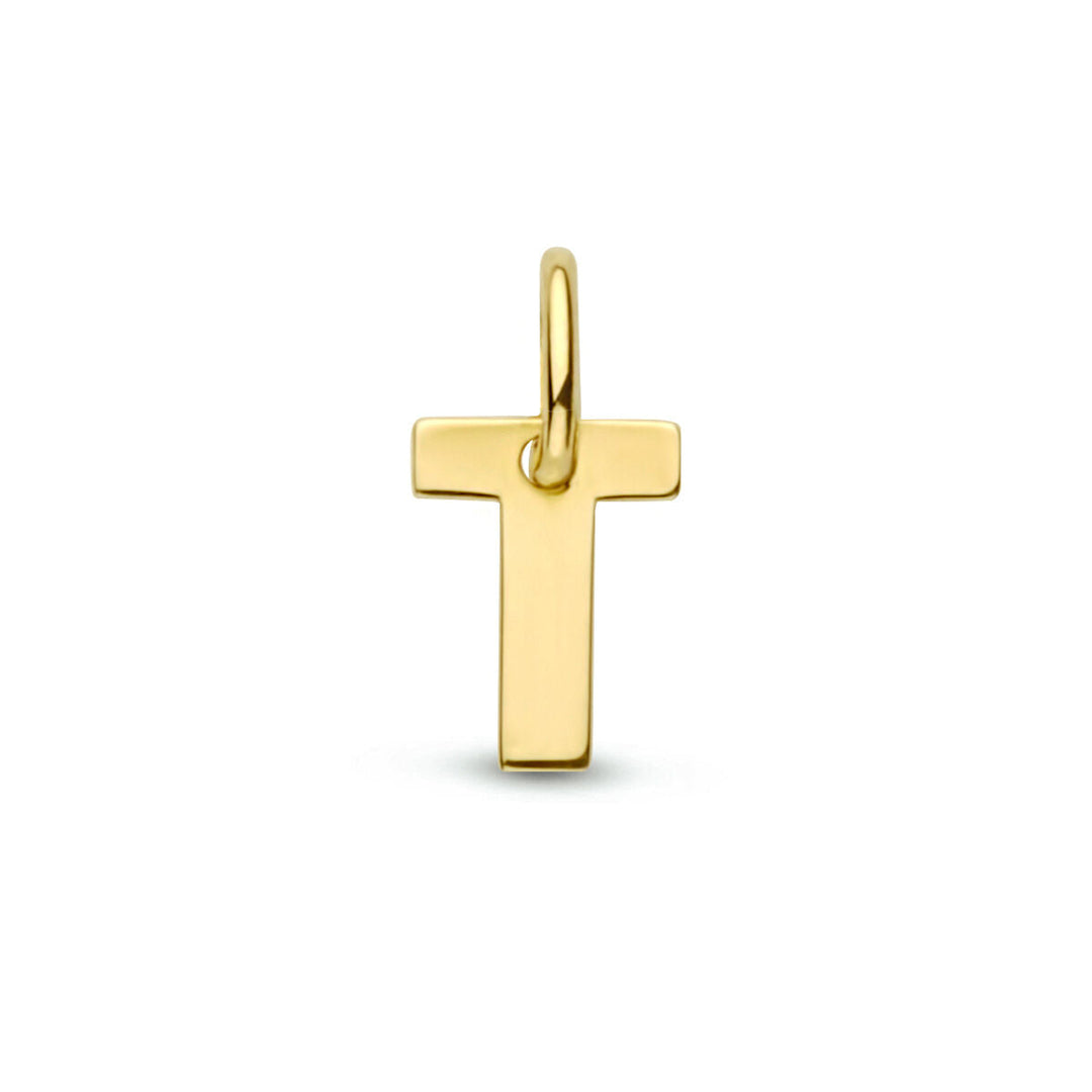De Van der Kooij Collectie "hanger letter 14K geelgoud" is een T-vormige hanger van 14K geelgoud met een klein oogje om een ketting aan te bevestigen, afgebeeld op een effen witte achtergrond.