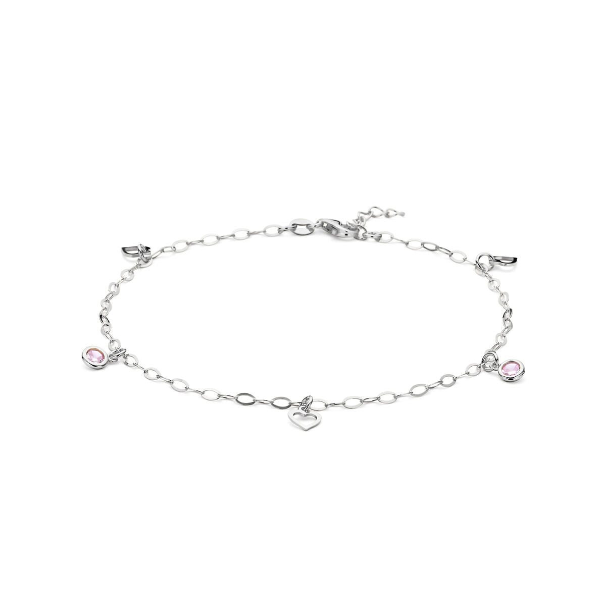 Bracelet en argent avec un cœur et des zirconias roses, longueur de 24 + 2 cm.