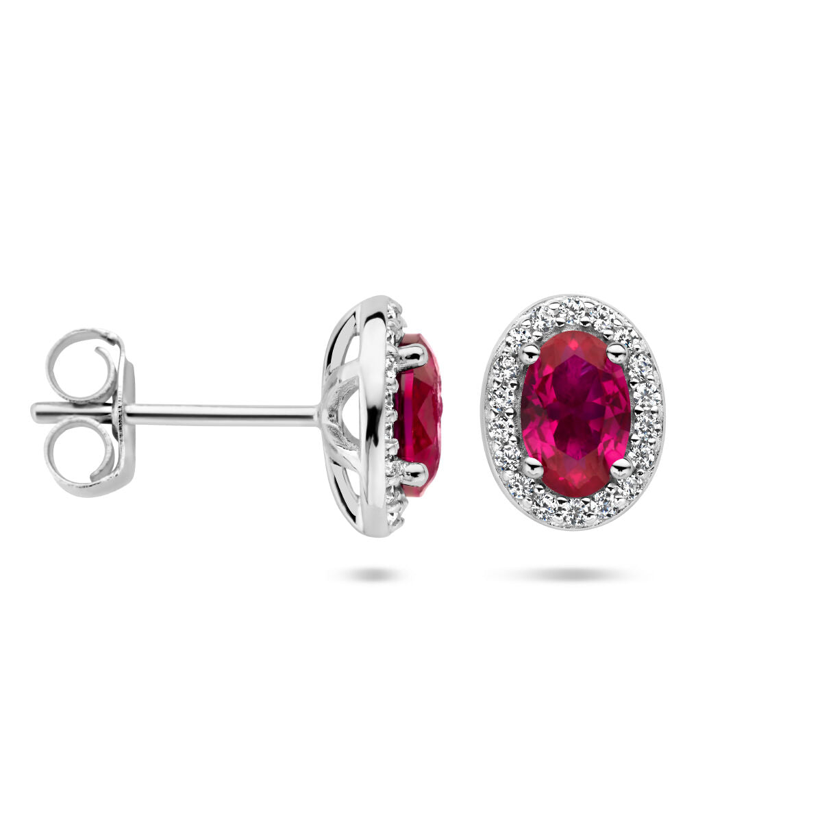 puces d'oreilles zircone rouge et blanche halo argent rhodié