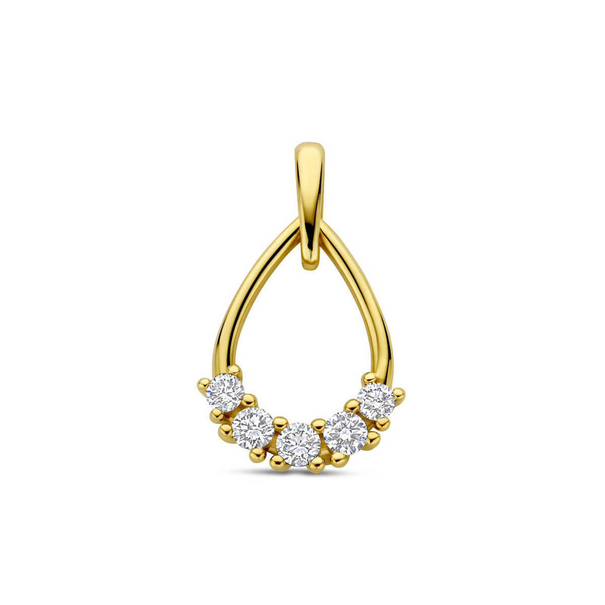 Pendentif en or jaune 14 carats en forme de goutte avec des diamants synthétiques.