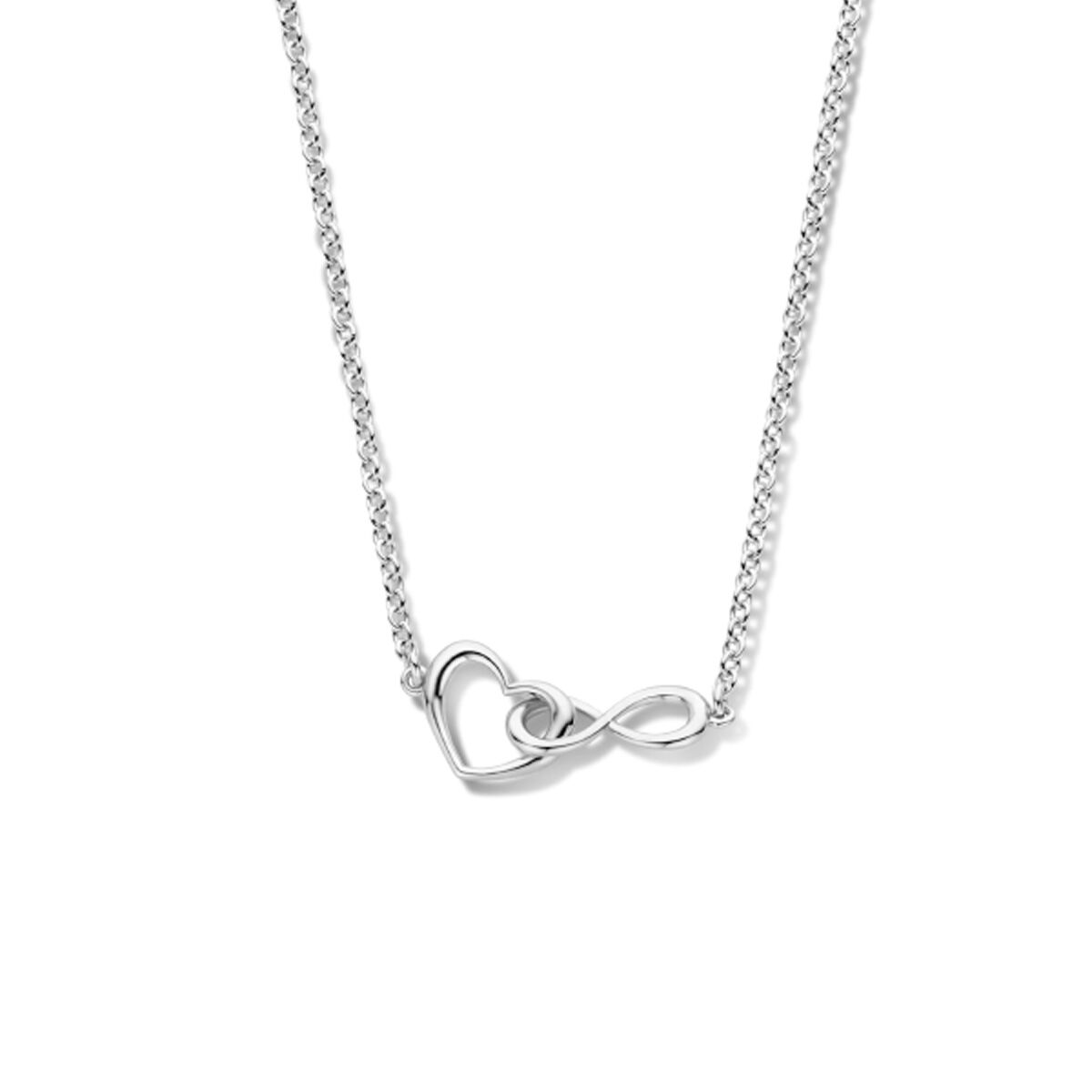 Collier en argent rhodié avec un pendentif en forme de cœur et d'infini.