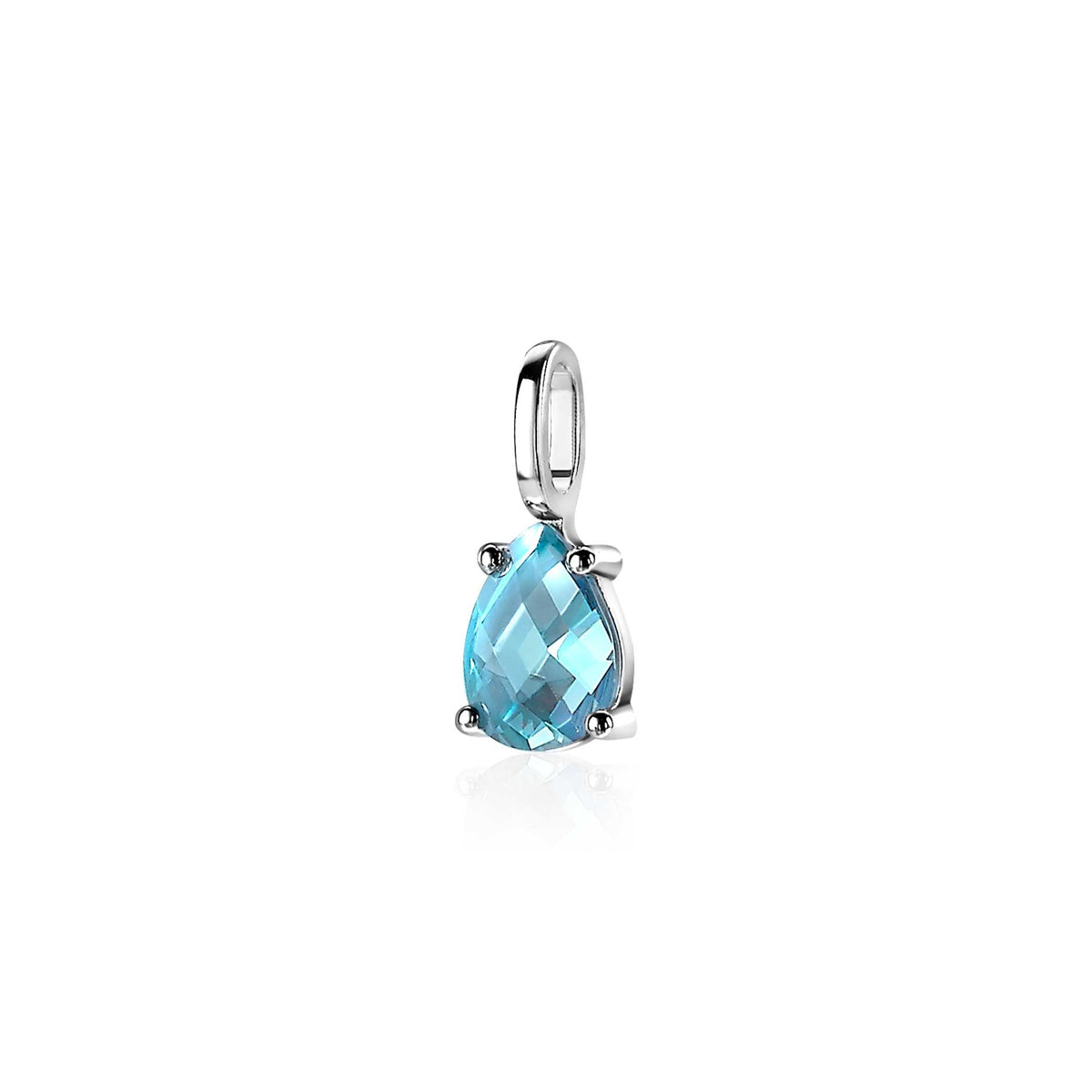Pendentif en argent avec une pierre en forme de poire bleu clair.